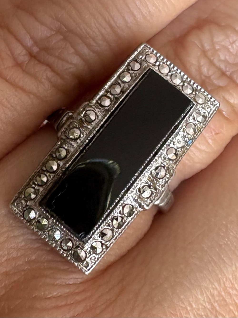 Vintage Sterling Silver Black Stone Marcasite Ring Art Deco Style